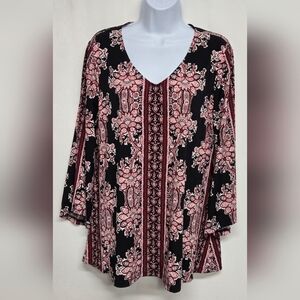 CB L Slinky Stretch Knit Top Pullover Long Flared Sleeve V Neck Paisley